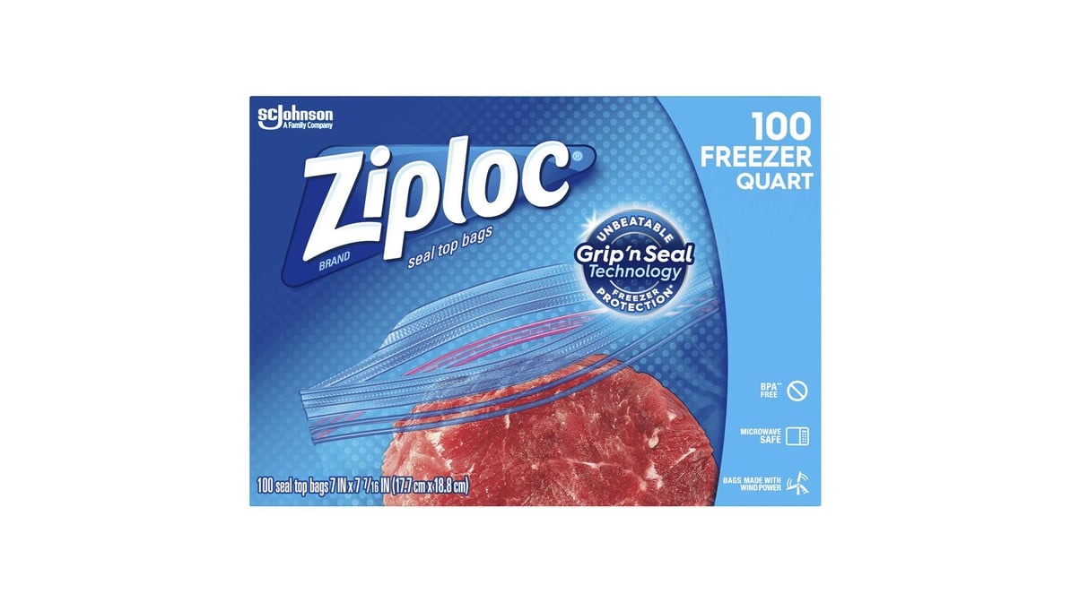 Ziploc Brand Freezer Bags with Grip 'n Seal Technology, Quart, 100 Count