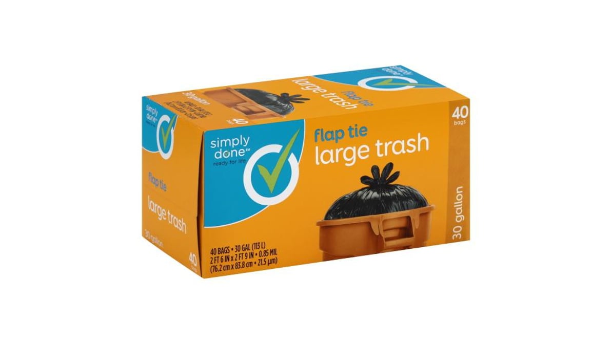 Simply Done Large Trash Bags, Flap Tie, 30 Gallon