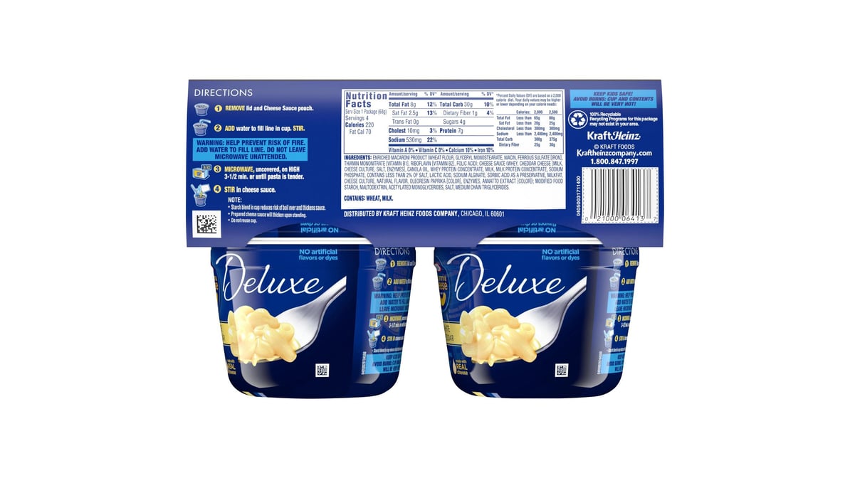 Kraft Deluxe White Cheddar Macaroni & Cheese Easy Microwavable Dinner, 4 ct  Pack, 2.39 oz Cups