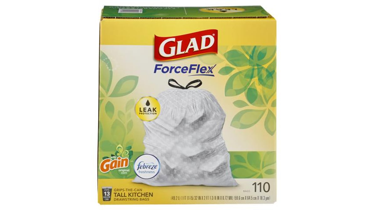 Glad ForceFlex Tall Kitchen Drawstring Trash Bags, 13 Gal, Gain Original  with Febreze, 110 Ct