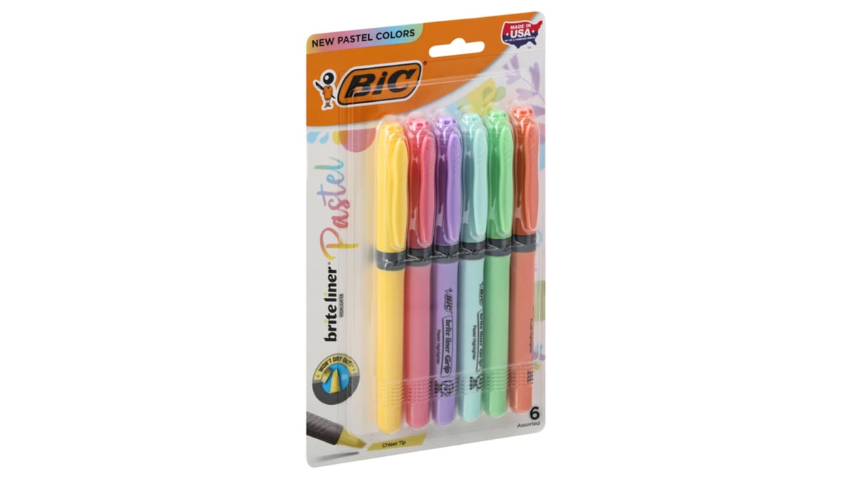 Bic Brite Liner Highlighter, Pastel, Chisel Tip, Assorted - 6 highlighter