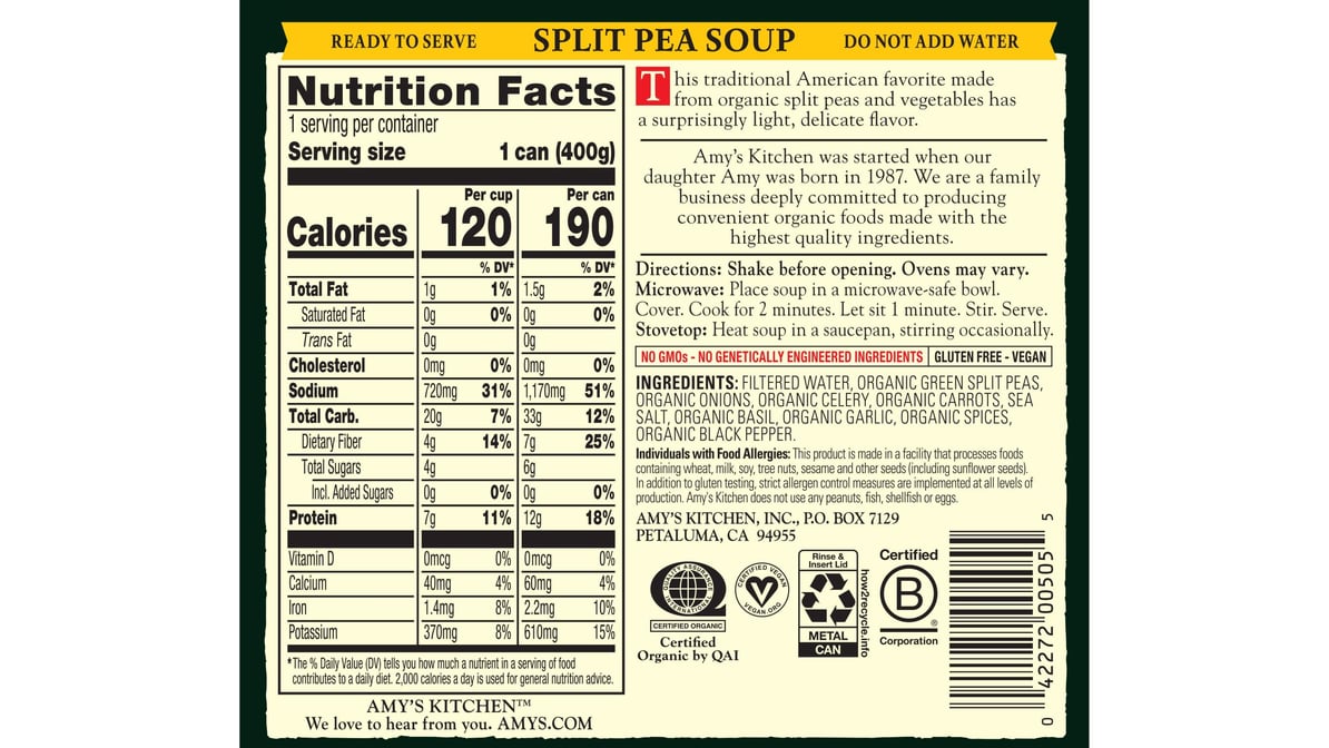 Amy's Organic Soup, Split Pea - 14.1 oz can