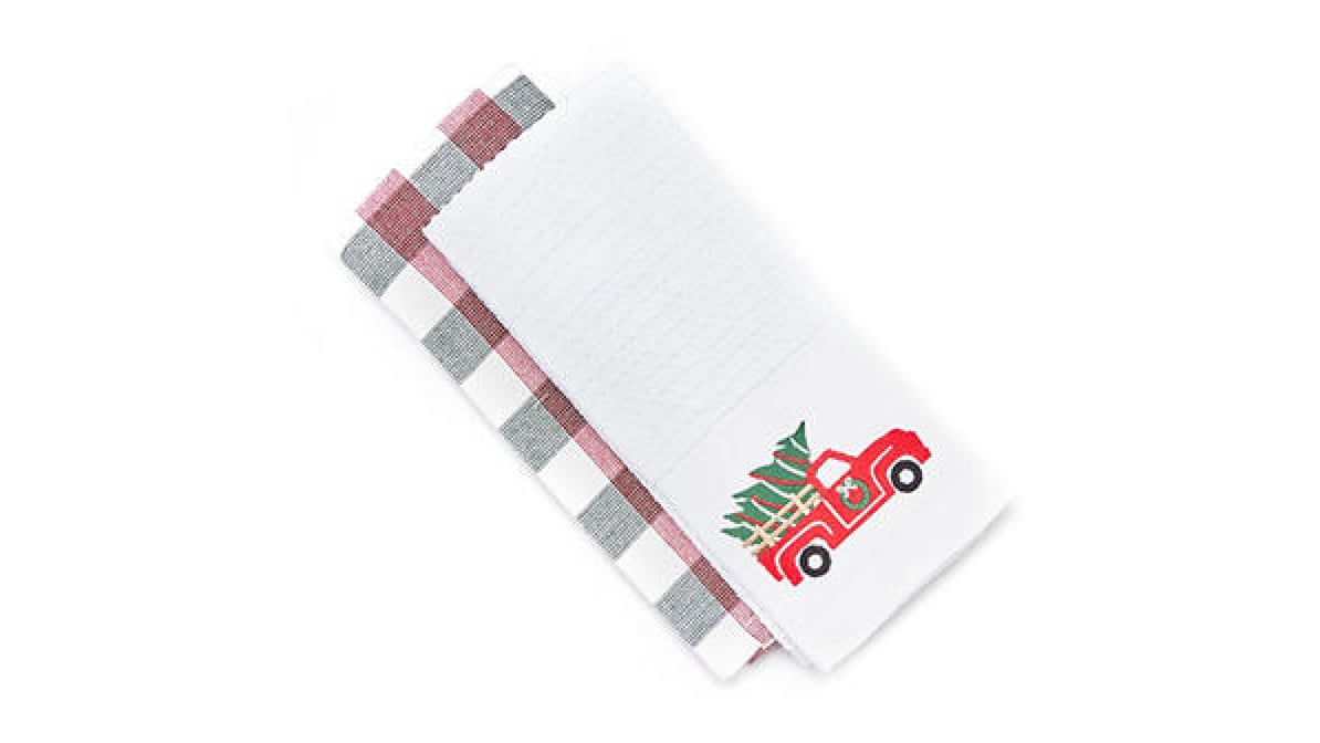 Winter Wonder Lane Santa's Workshop Cup of Cheer Green Embroidered  2-Piece Kitchen Towel Set