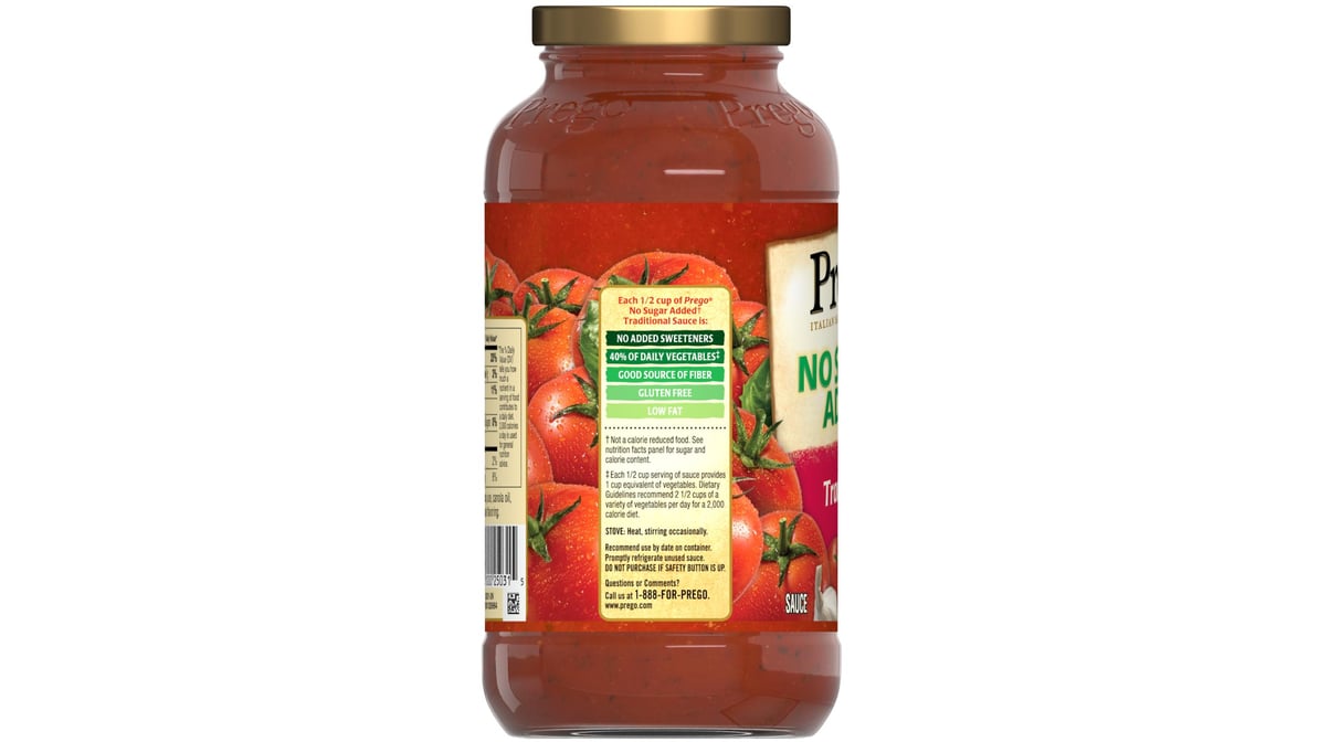 Prego Pasta Sauce, No Sugar Added Traditional, 23.5 oz Jar