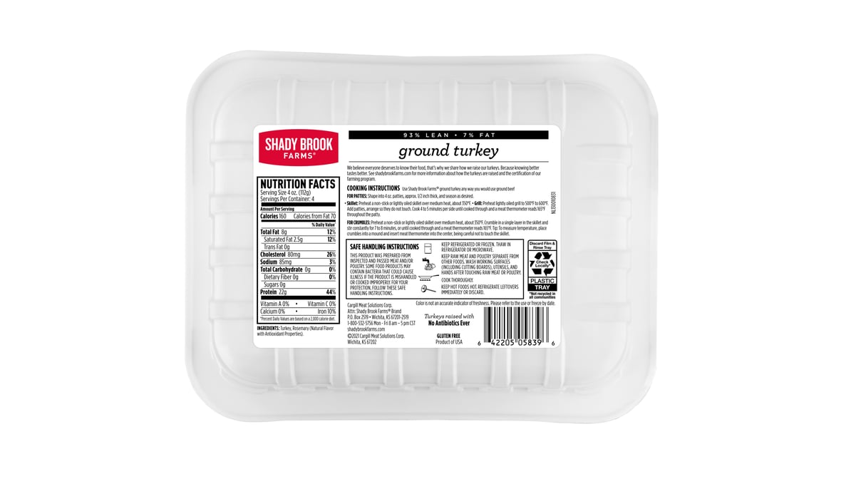 Shady Brook Farms Antibiotic Free 93 Lean 7 Fat Ground Turkey 1 Lb