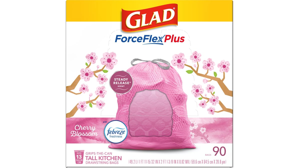 Glad 13 gal ForceFlex Plus Tall Kitchen Drawstring Trash Bags Cherry Blossom  (45 ct) Delivery - DoorDash