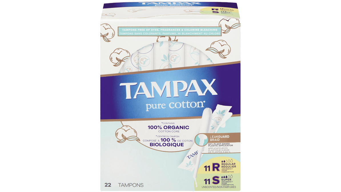 Tampax Pure Cotton 100% Organic Regular/Super Absorbency Tampons (22 ct)
