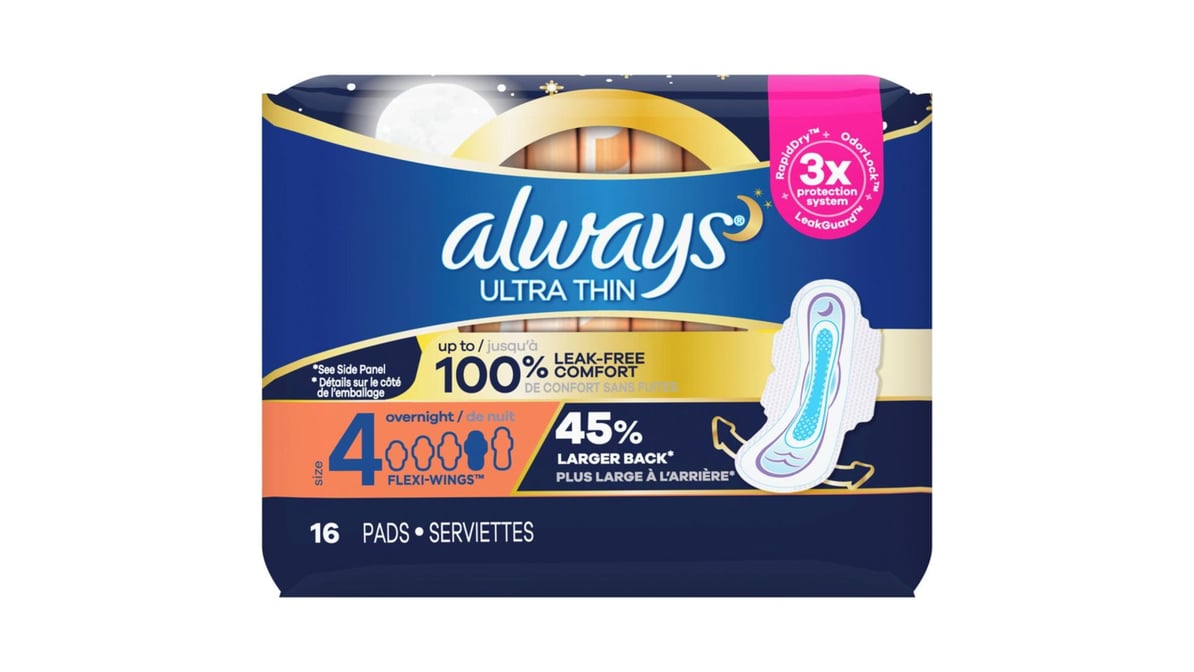 Always Ultra Thin Overnight Pads with Flexi-Wings, Size 4, Overnight,  Unscented, 16 count