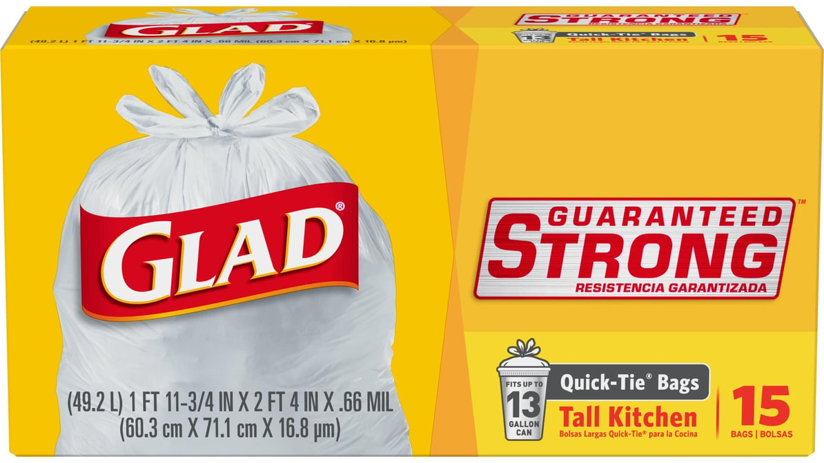 Glad 13 Gal. Quick Tie Tall Kitchen Bags 15 ct 