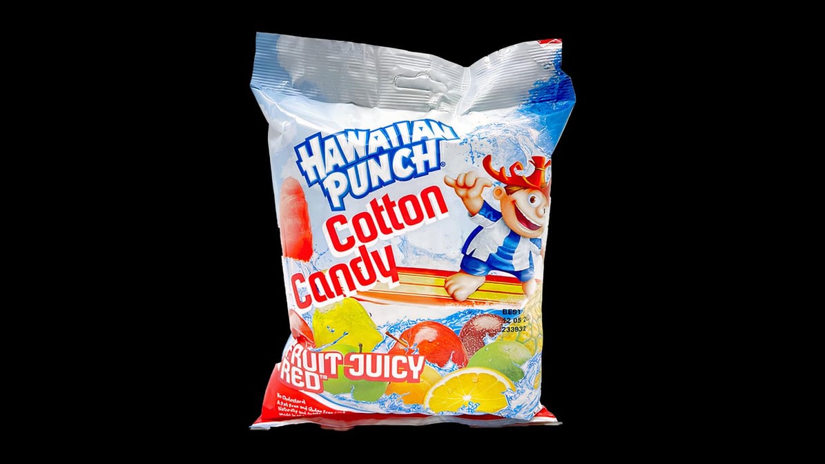 Hawaiian Punch Cotton Candy: Fruit-flavored airy sugary snack.