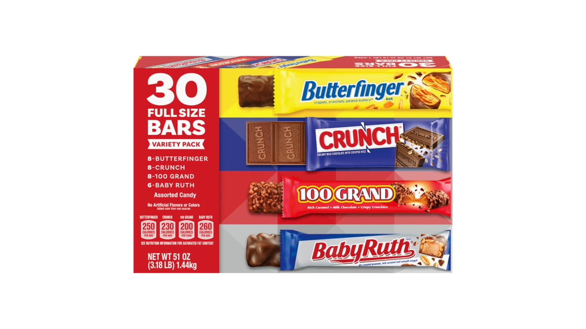 Butterfinger, Crunch, 100 Grand & Baby Ruth Assorted Chocolate Bar Variety  Pack, 30CT
