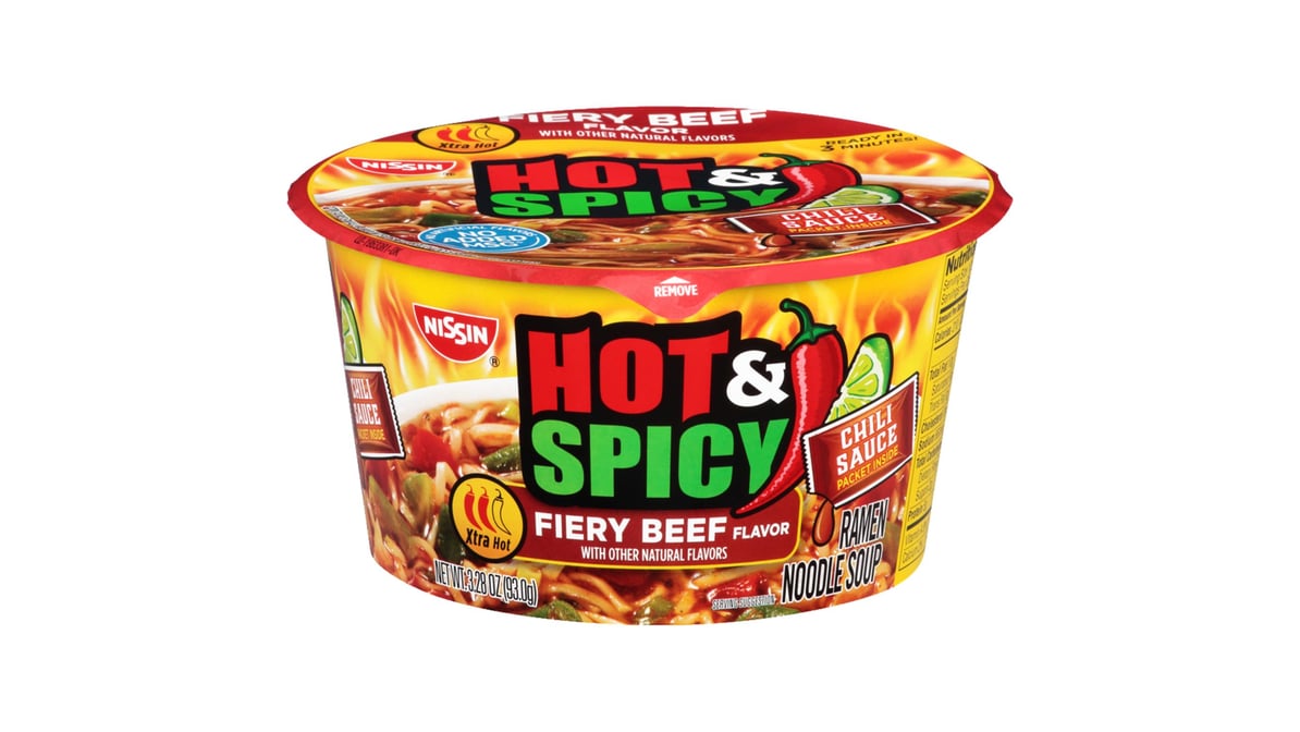 Nissin Bowl Ramen Noodle Soup Hot & Spicy Fiery Beef - 3.28 oz cup