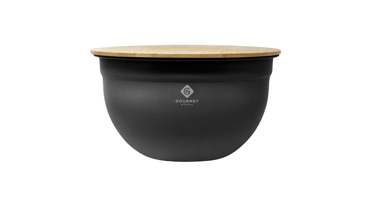 at Home Black Steel Mixing Bowl with Bamboo Lid, Small