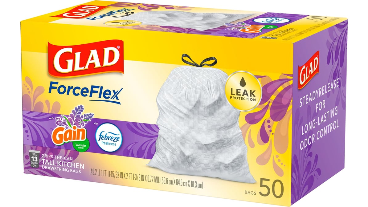 Glad Forceflex Tall Kitchen Drawstring Trash Bags - Febreze Lavender - 13  Gallon : Target