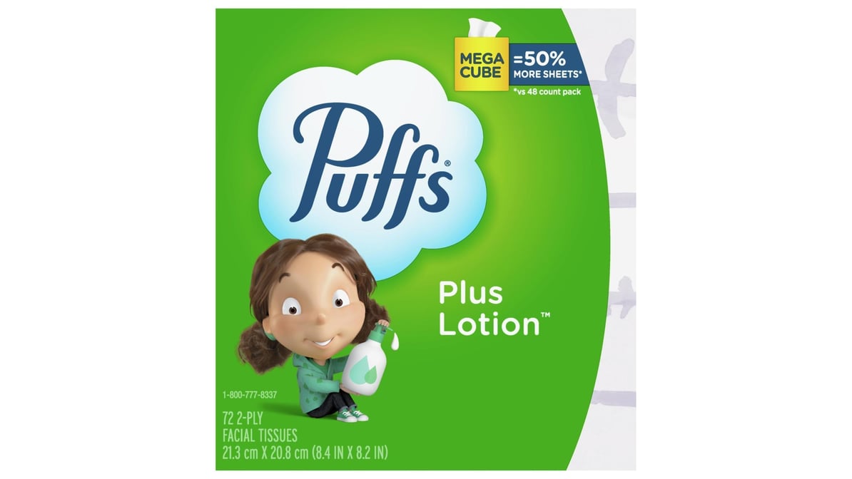 Puffs Plus Lotion Facial Tissue, 2 Mega Cube, Green, 72 Tissues