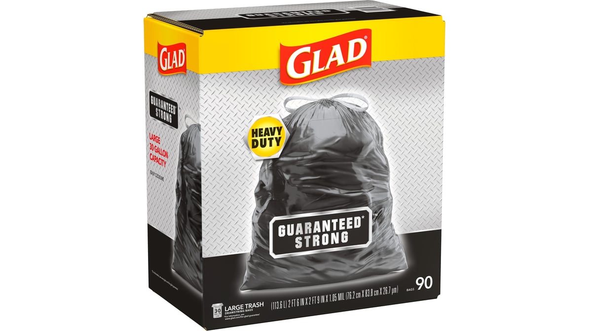 Glad Drawstring 30 Gallon Trash Bags, Black - 90 Count