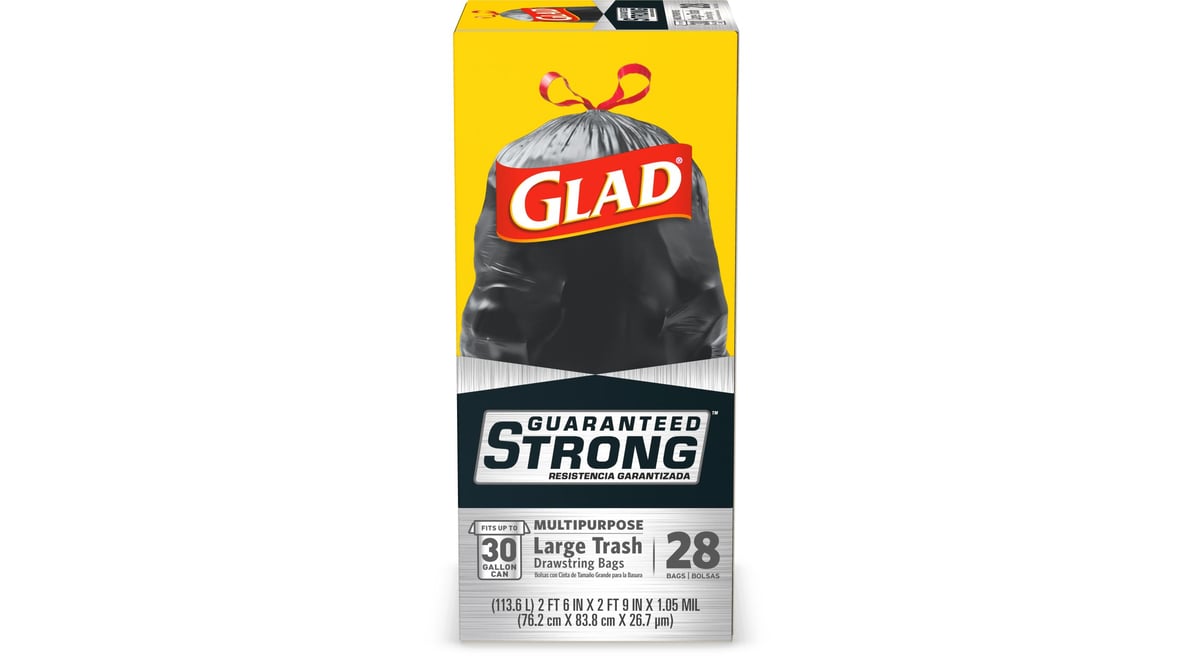 Glad Trash Bags, Drawstring, Multipurpose, Large, 30 Gallon - 28 bags