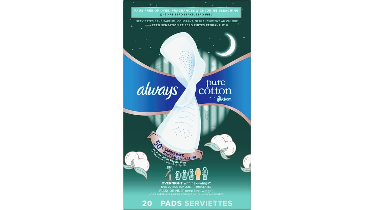 Always Infinity Flex Foam Pure Cotton Overnight Flexi-Wings Pads Unscented  Size 4 (20 ct)