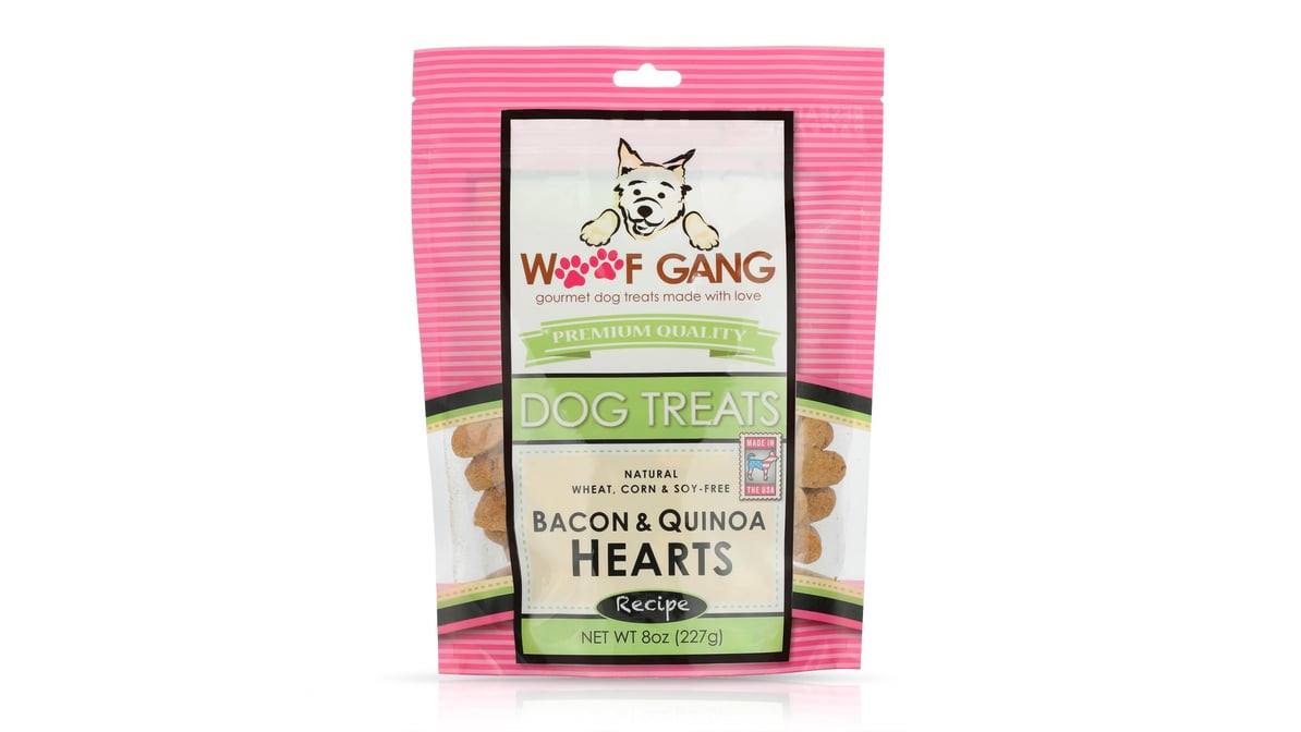 Woof Gang Natural Grain-Free Dog Treats Bacon & Quinoa Hearts (8 oz) |  Delivery Near Me - Doordash