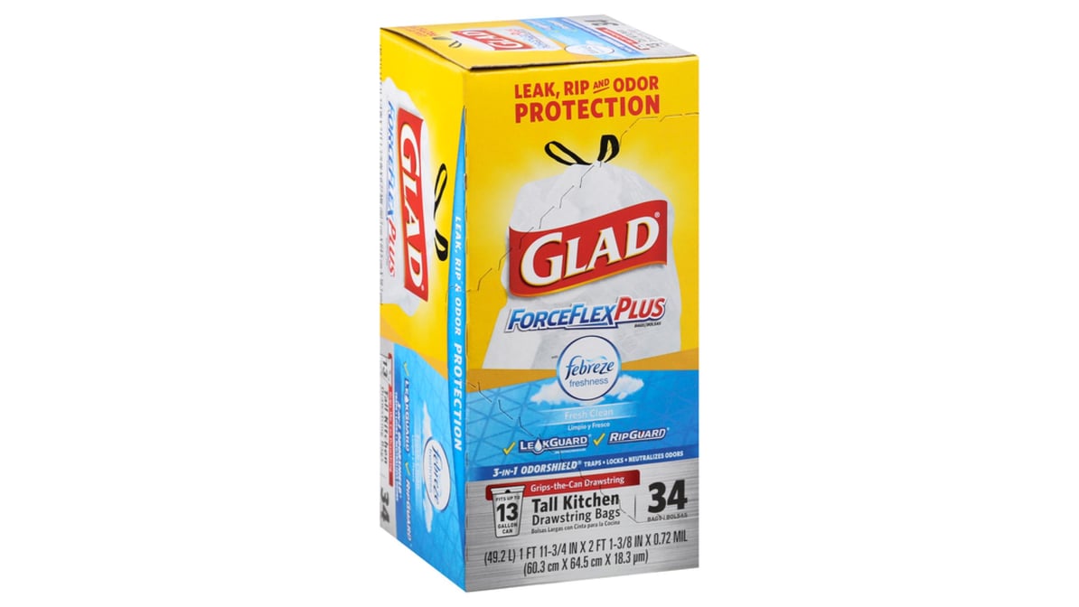 Glad Tall Kitchen Trash Bags, 13 Gallon, 34 Bags (ForceFlexPlus, Fresh  Clean) 