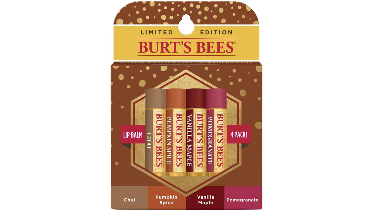 Burt's Bees 100% Natural Origin Moisturizing Lip Balm, Holiday Pack, Chai  Tea, Pumpkin Spice, Vanilla Maple, Pomegranate, 4 Tubes