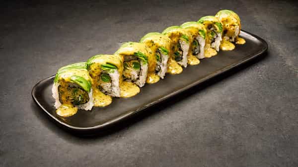 Bamboo Sushi on X: One of your favorites — The Green Machine. This roll  has tempura fried long beans and green onions with avocado & cilantro sweet  chile aioli on top! Get