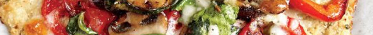 Niente Carne Pesto Sauce, Fresh Mozzarella, Artichoke Hearts, Mushrooms, Red Onion, Black Olives*, Fresh Tomatoes and Arugula