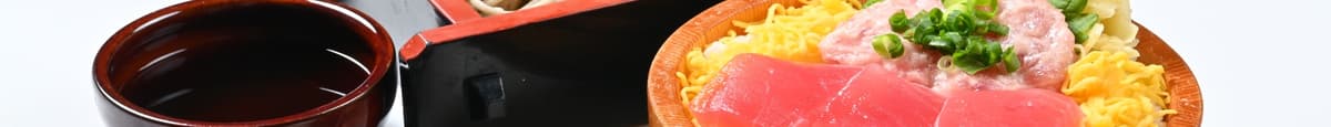 まぐろ2色飯と海老天そば / Double Tuna Rice + Shrimp Tempura Soba Noodles