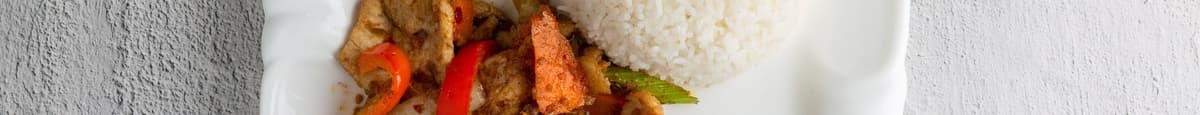 lemongrass chilli chicken with steamed rice.com ga xao xa