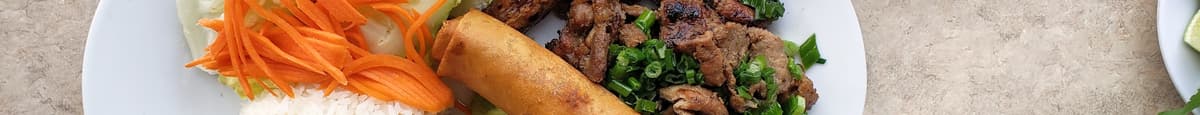 87. Cơm Tôm Thịt Nướng Chả Giò Lạp Xưởng/Grilled Pork, Shrimp, Egg Roll & Chinese Sausage Over Rice