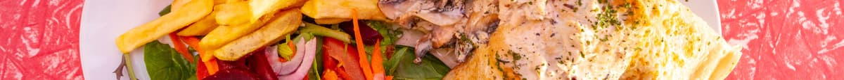 Chicken & Mushroom Crepes, Fries & Salad