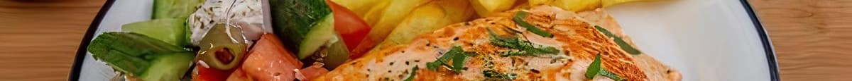 Grilled Salmon, Greek Salad & Chips