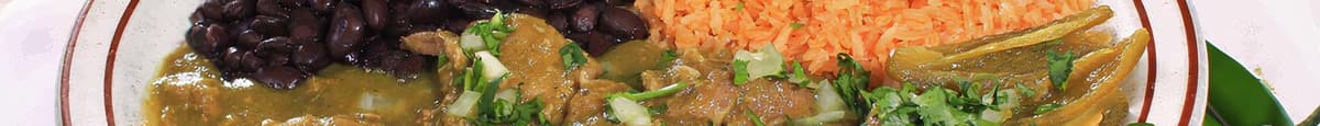 Chile Verde Nayarita with Rice, Beans & Tortillas