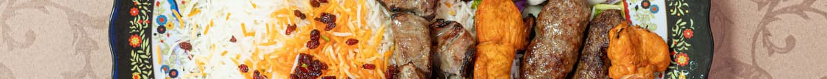 2 Skewer Beef Kobidah, 2 Fish Kebab, Lamb Kabab with Rice, Salad & Special Sauce 