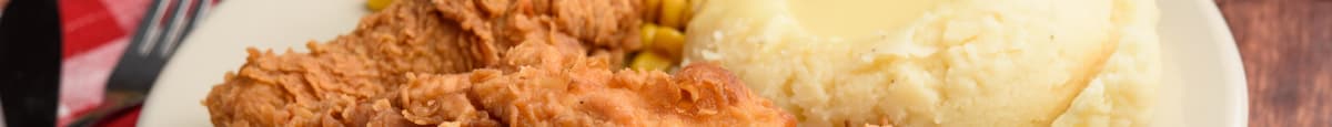 Chicken Quickie- Two pcs of Southern Fried Chicken Served with Mashed Potatoes, gravy, & Buttered Corn, Roll & Butter