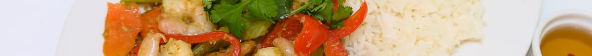 74. Spicy Stir Fried Lemongrass Shrimps & Vegetables on Steamed Rice 🌶️ 