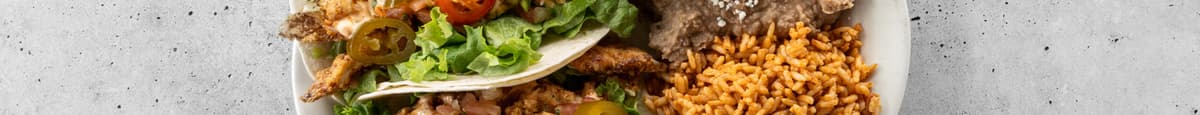 Fried Chicken Tacos with Refried Beans and Rice