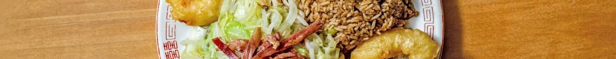 B. Fried Shrimp (w/ Pork chow mein & pork fried rice.)