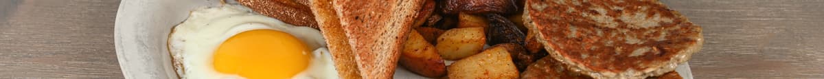 2 Eggs, Bacon, Ham or Sausage Patties or Sausage Links, Home Fries, Toast