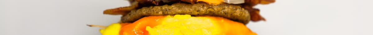 Brioche, Turkey Bacon, Turkey Sausage, Egg & Cheddar Sandwich