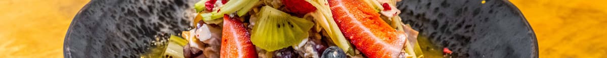 Bircher Muesli with Seasonal Fresh Fruit, Passionfruit Yoghurt & Passionfruit Syrup