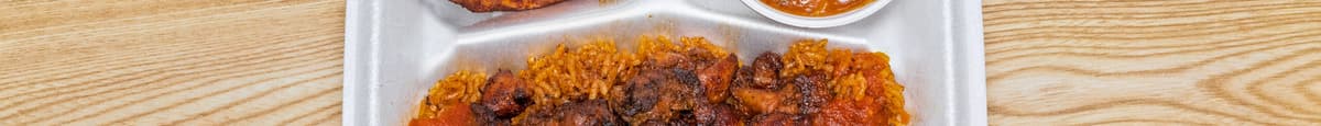 Jollof Rice with Suya Chicken, Plantains and Black-Eyed Pea Stew