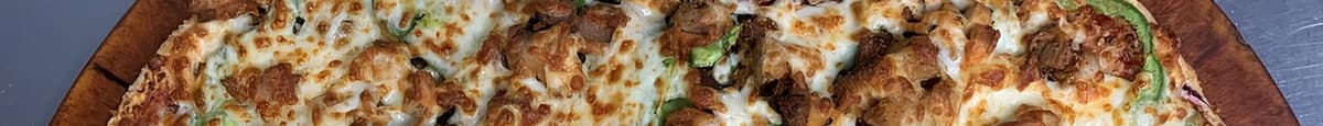 Tandoori Chicken Pizza (Ginger, Cilantro, Chilly Flakes, Green Pepper, Onion, Mushroom, Chicken and Cheese.)
