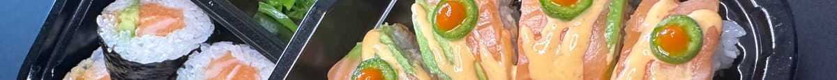 mexico roll+spicy salmon roll+seaweed salad+daikon 墨西哥风情卷, 辣三文鱼卷, 海草沙拉, 大根.