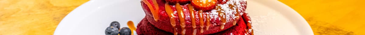 Red Velvet Hotcake with Berries, Oreo Mascarpone & Salted Caramel, Side Maple Syrup