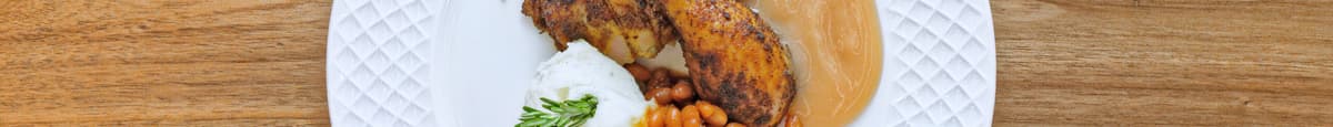 Rotisserie Chicken, Buttermilk mashed potato, Gravy, bread roll