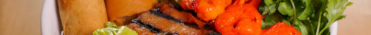 52 Bún Tôm, Chả Giò, Thịt  Nướng (Pork, Beef, or Chicken & Shrimp & Egg Rolls over Vermicelli)