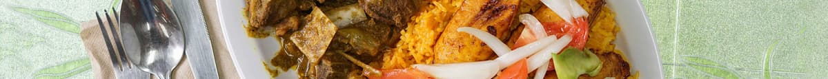 Curry Goat with Rice & Plantains