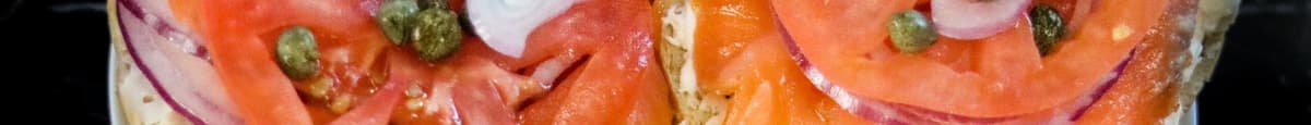 Bagel with Lox w/Cream Cheese, capers, Onion & Tomato