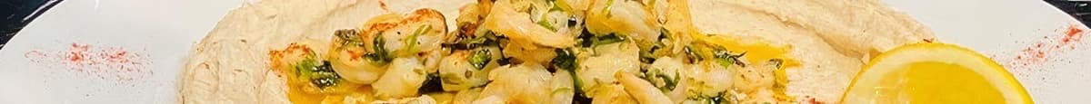 White Bean Hummus with Garlic-Cilantro-Pesto Shrimp